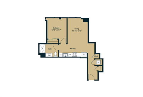 Floor plan for 1 bed, 1 bath, 600 sqft